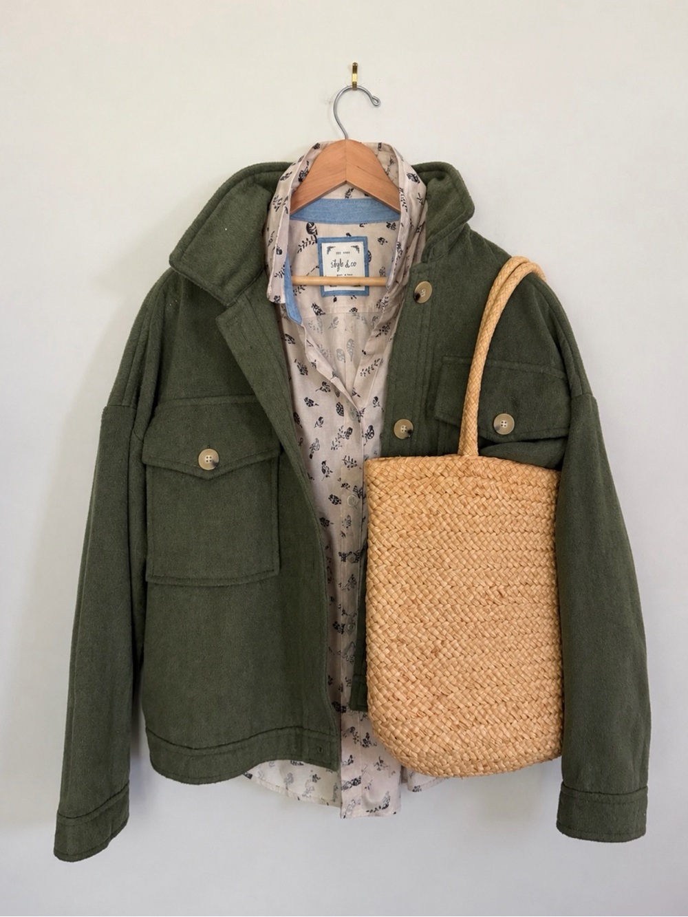 3 Piece Bundle: Like New Modern Jacket | Neutral Top | Natural Fiber Bag